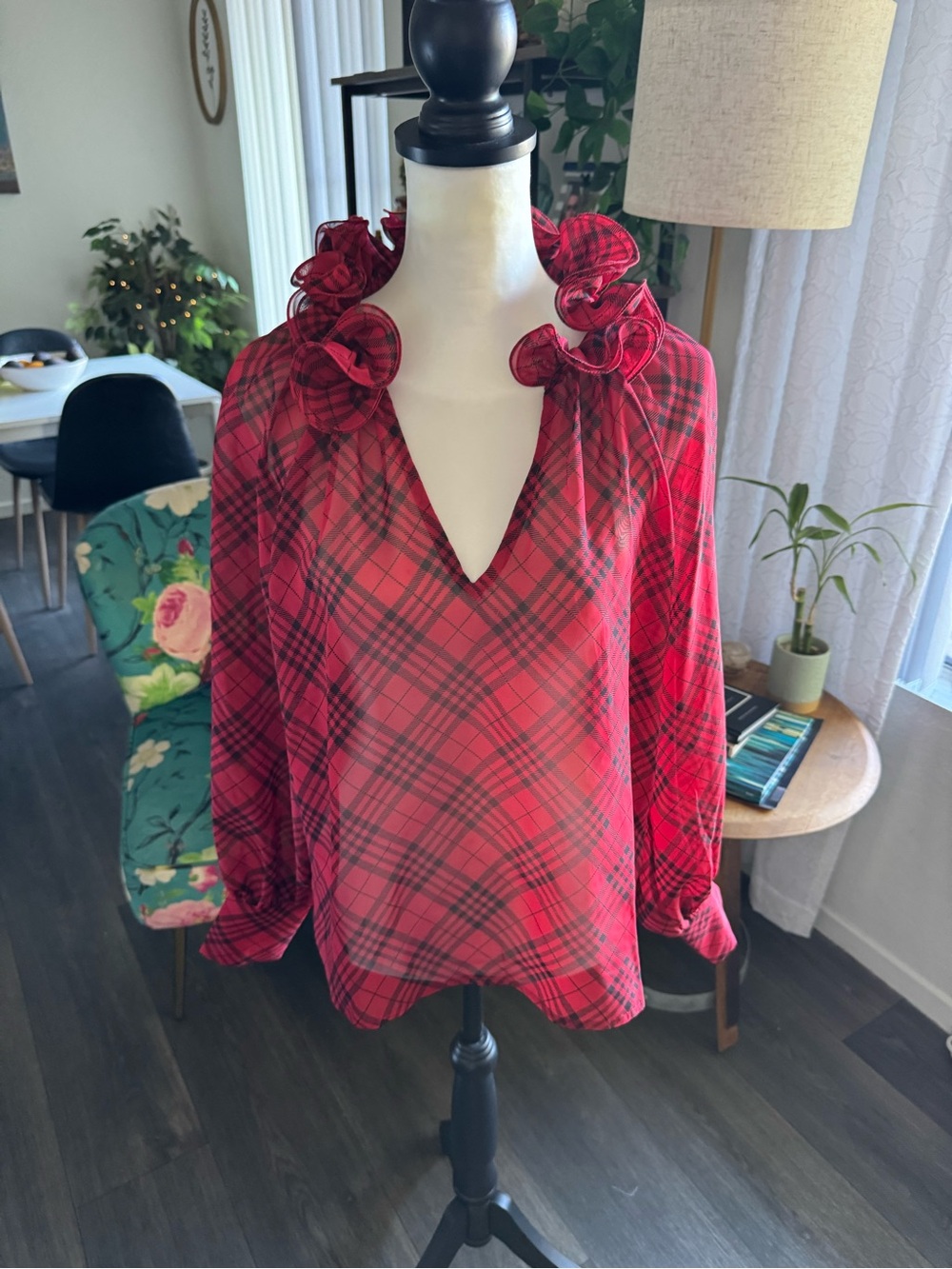 Boston Proper Red Plaid Ruffle V-Neck Blouse - Picture 6 of 8